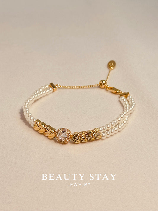 Baroque gold pearl bracelet-Leaf & diamond