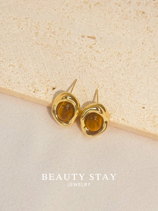 Gold plated versatile earrings-cat eye stone