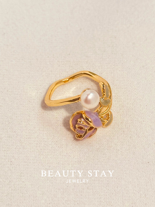 Gold plated pearl &flower open ring